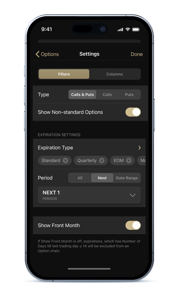 Options Trading App - Settings